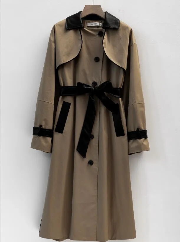 Wjczt Korea Runway designer 2022 Fall /Autum Leather Patchwork Maxi Long Trench coat with belt Chic Female windbreaker Classic