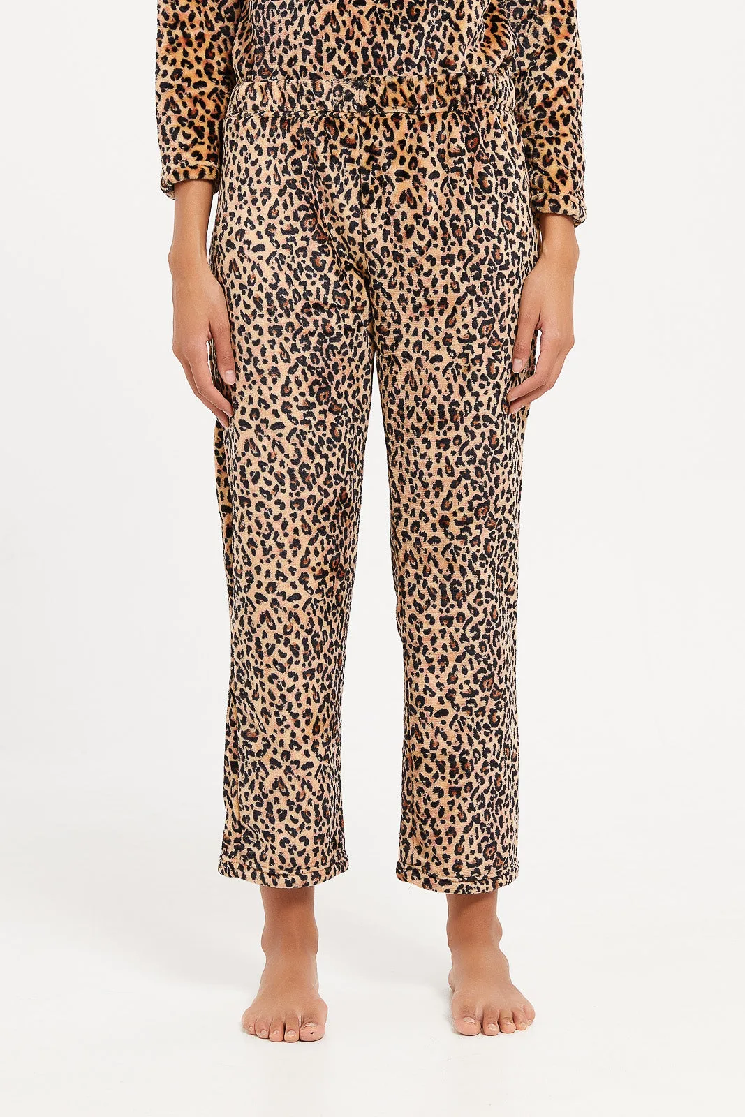 Women Brown Printed Fleece Pyjama Set (2 Piece)