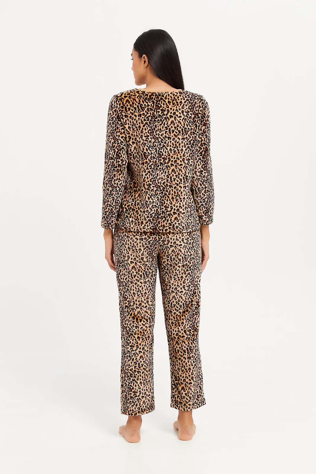 Women Brown Printed Fleece Pyjama Set (2 Piece)