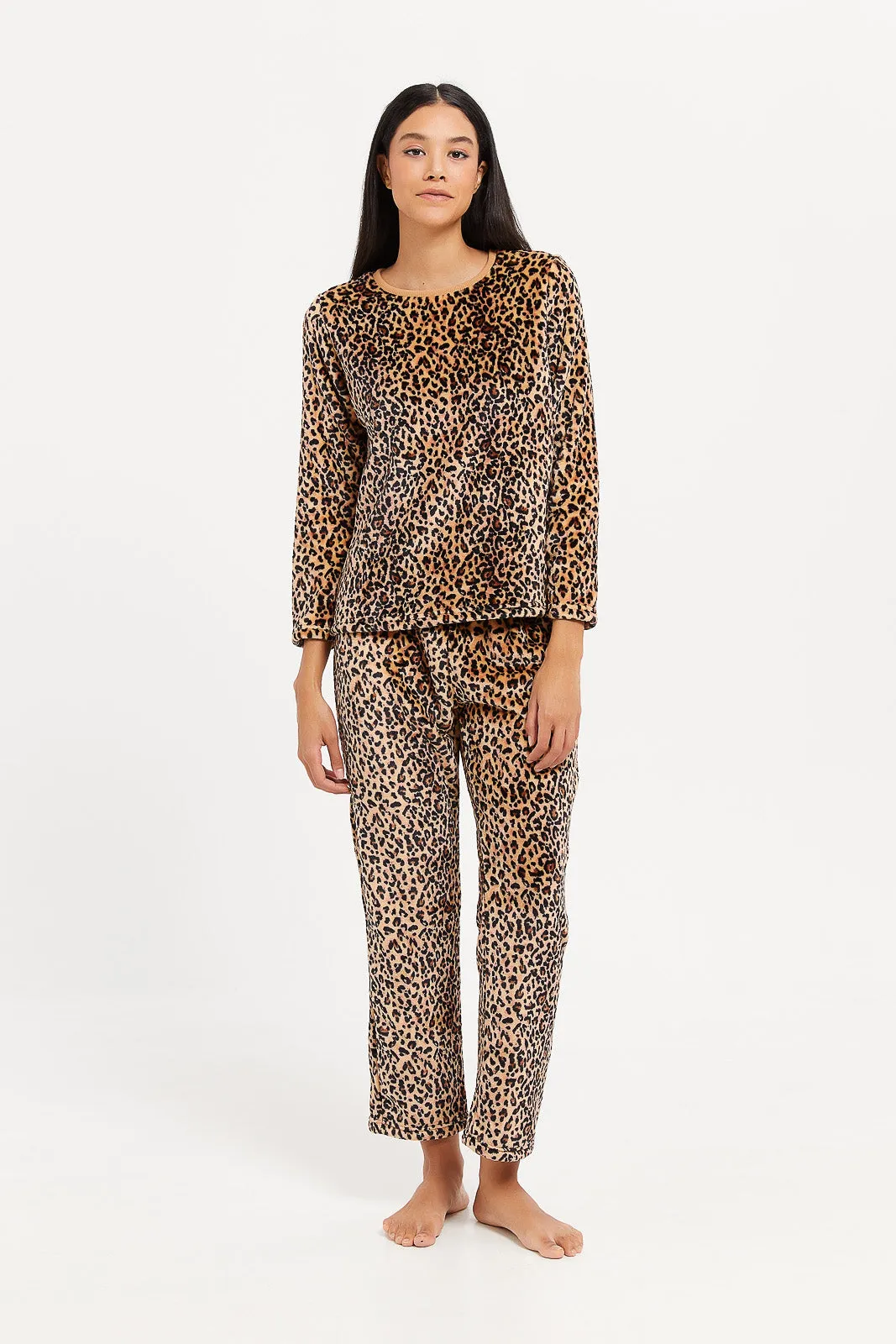 Women Brown Printed Fleece Pyjama Set (2 Piece)