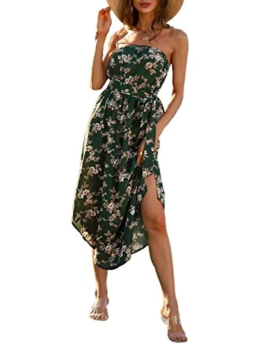 Women Summer Baggy Loose Slit Feather Print Slit Strapless Bardot Maxi Beach Dress