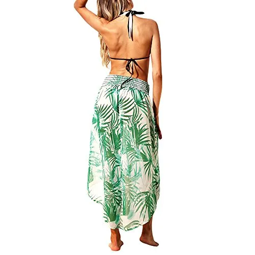 Women Summer Baggy Loose Slit Feather Print Slit Strapless Bardot Maxi Beach Dress