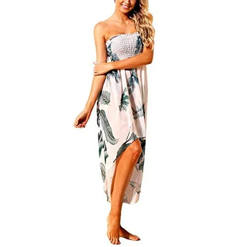 Women Summer Baggy Loose Slit Feather Print Slit Strapless Bardot Maxi Beach Dress