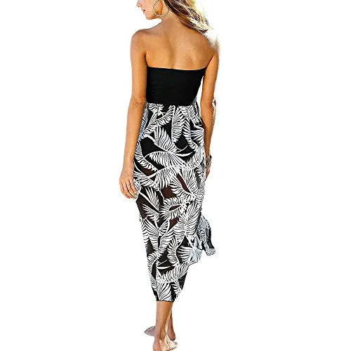 Women Summer Baggy Loose Slit Feather Print Slit Strapless Bardot Maxi Beach Dress