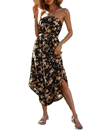 Women Summer Baggy Loose Slit Feather Print Slit Strapless Bardot Maxi Beach Dress