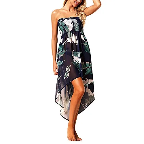 Women Summer Baggy Loose Slit Feather Print Slit Strapless Bardot Maxi Beach Dress