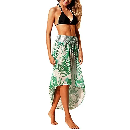 Women Summer Baggy Loose Slit Feather Print Slit Strapless Bardot Maxi Beach Dress