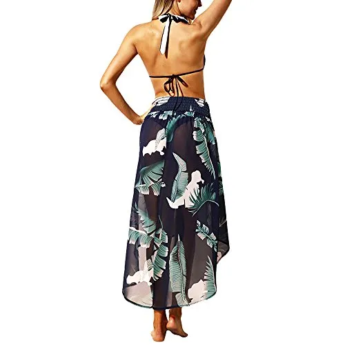 Women Summer Baggy Loose Slit Feather Print Slit Strapless Bardot Maxi Beach Dress