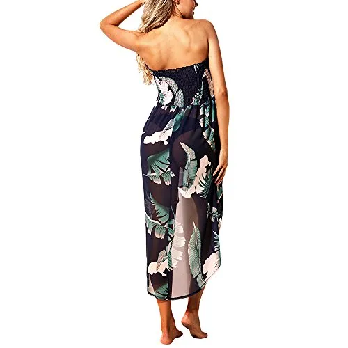 Women Summer Baggy Loose Slit Feather Print Slit Strapless Bardot Maxi Beach Dress