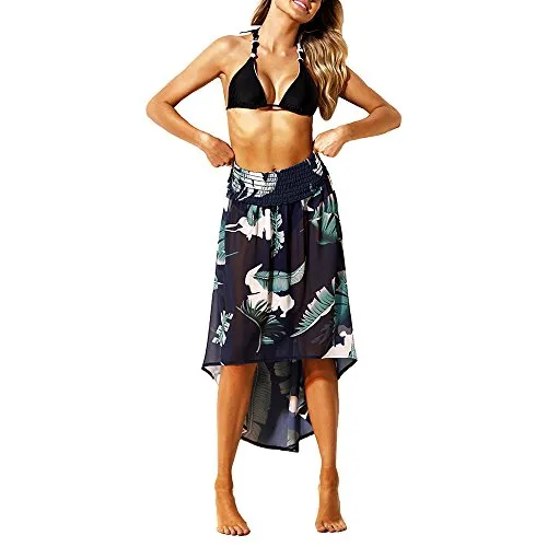 Women Summer Baggy Loose Slit Feather Print Slit Strapless Bardot Maxi Beach Dress