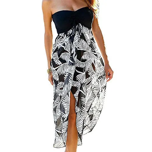 Women Summer Baggy Loose Slit Feather Print Slit Strapless Bardot Maxi Beach Dress