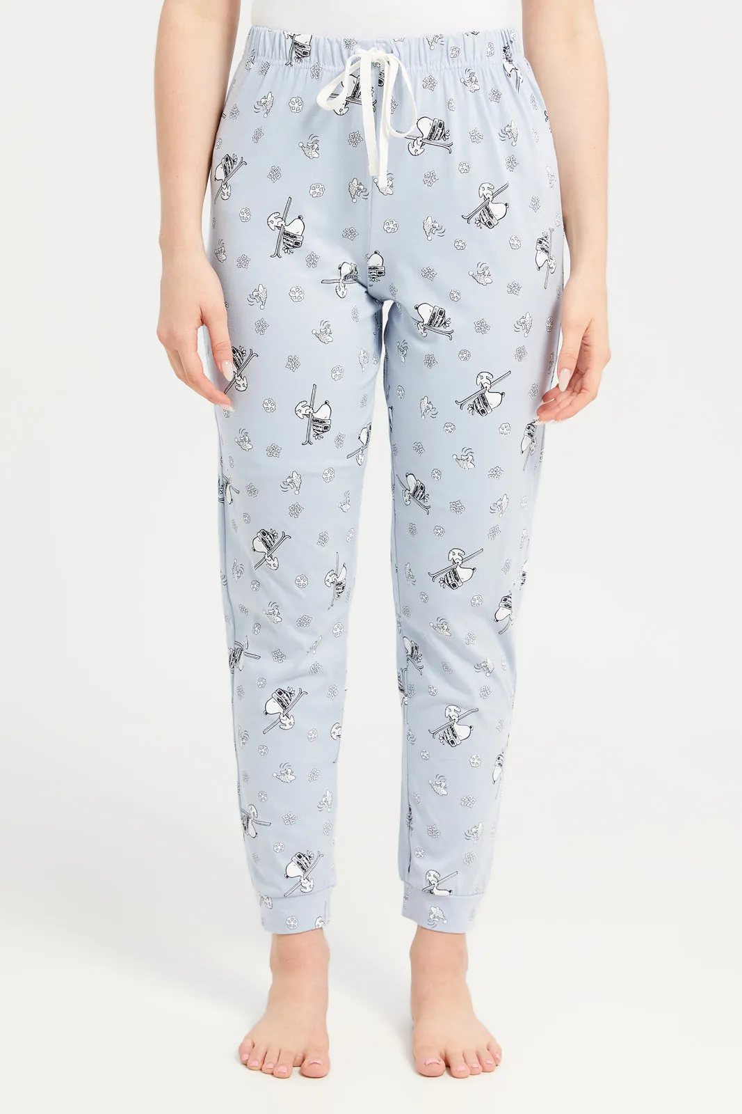 Women White And Blue Snoopy Print Pajama Set (2 Piece)