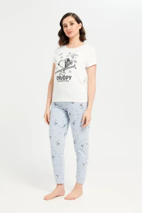 Women White And Blue Snoopy Print Pajama Set (2 Piece)