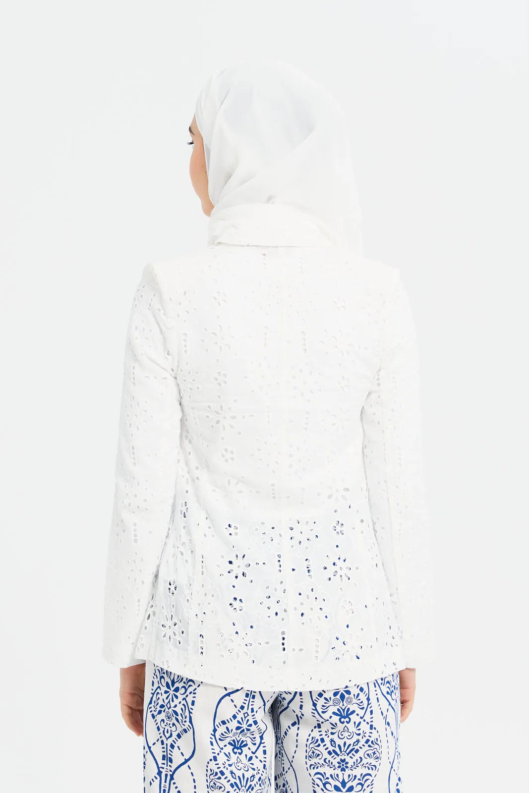 Women White Schiffli Blazer