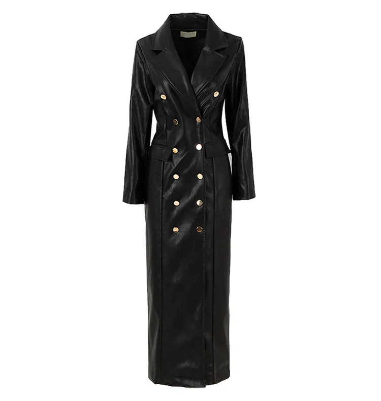 Women's  Long sleeves leather trench coat