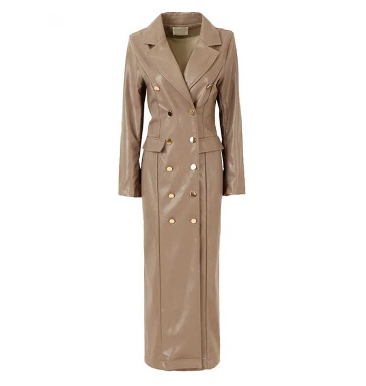 Women's  Long sleeves leather trench coat