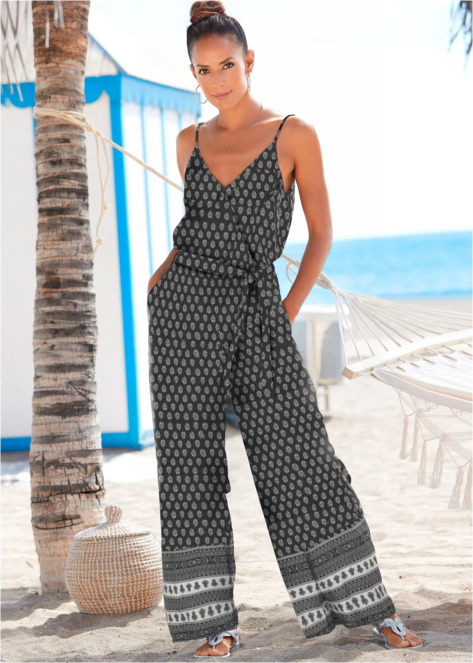 Wrap Front Jumpsuit - Black & White